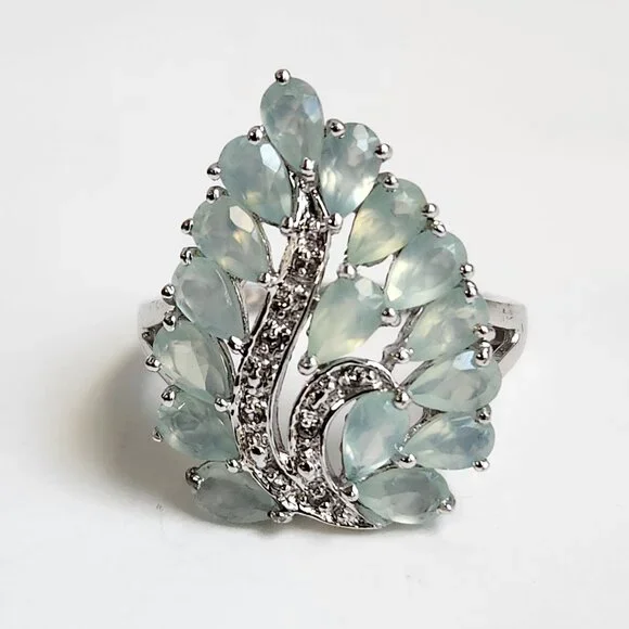 Retired 925 Cluster Teardrop Blue Leaf Aquamarine & White Zircon Size 7 Ring - Picture 4 of 16